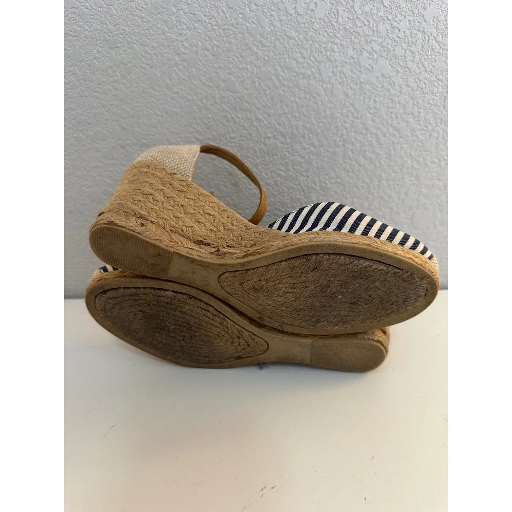 White Mountain Women's Blue Striped Espadrille Ankle Strap Wedge Sandals 7.5M